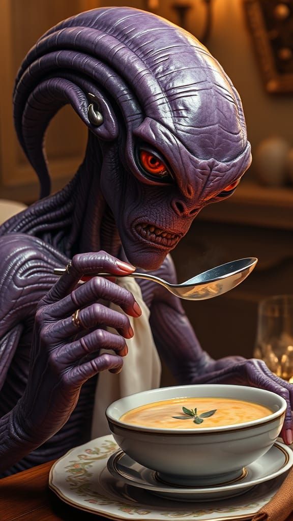 Elegant Alien Savoring Rich Chowder in a Warm Dinner Setting
