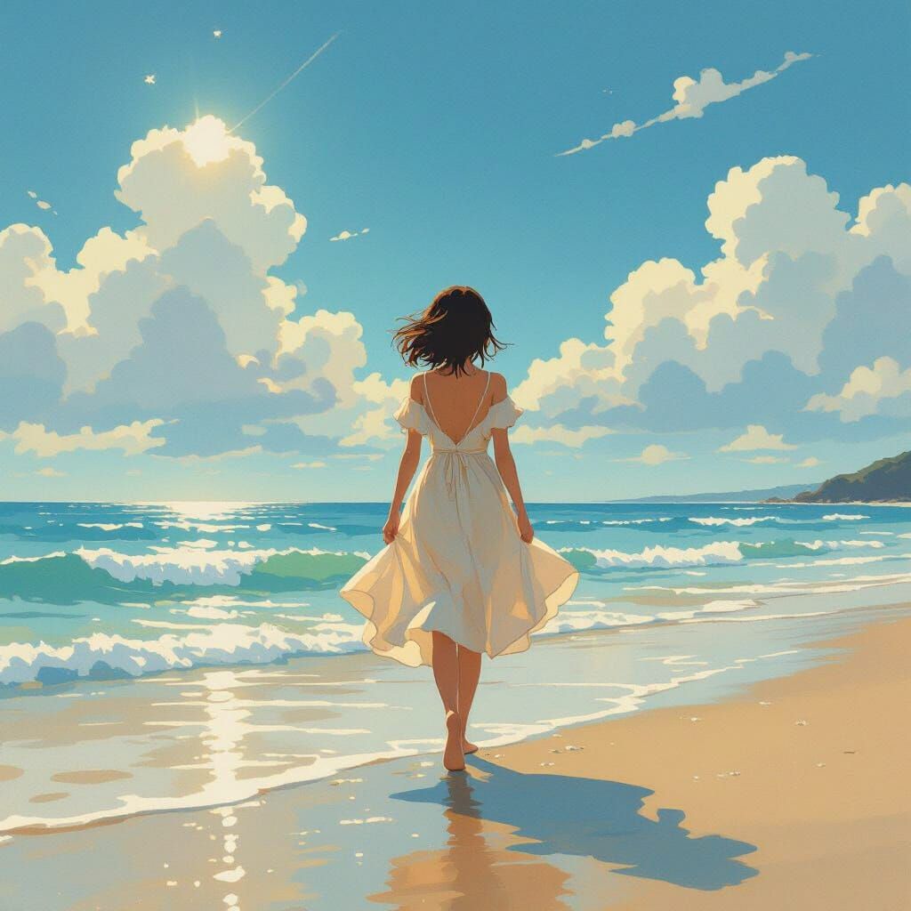 Girl on Beach in Dreamy Watercolor Style