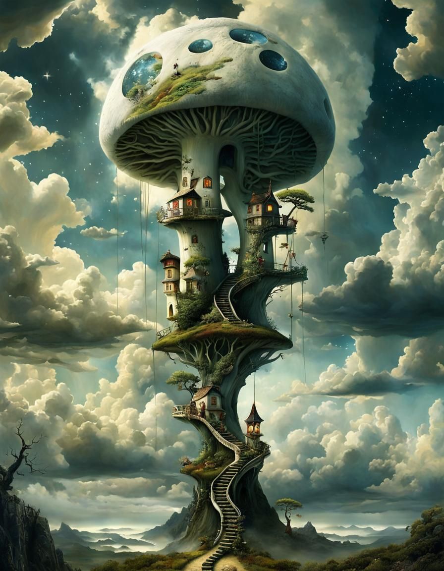 Surreal Mushroom Stargate with Bonsai Cottages