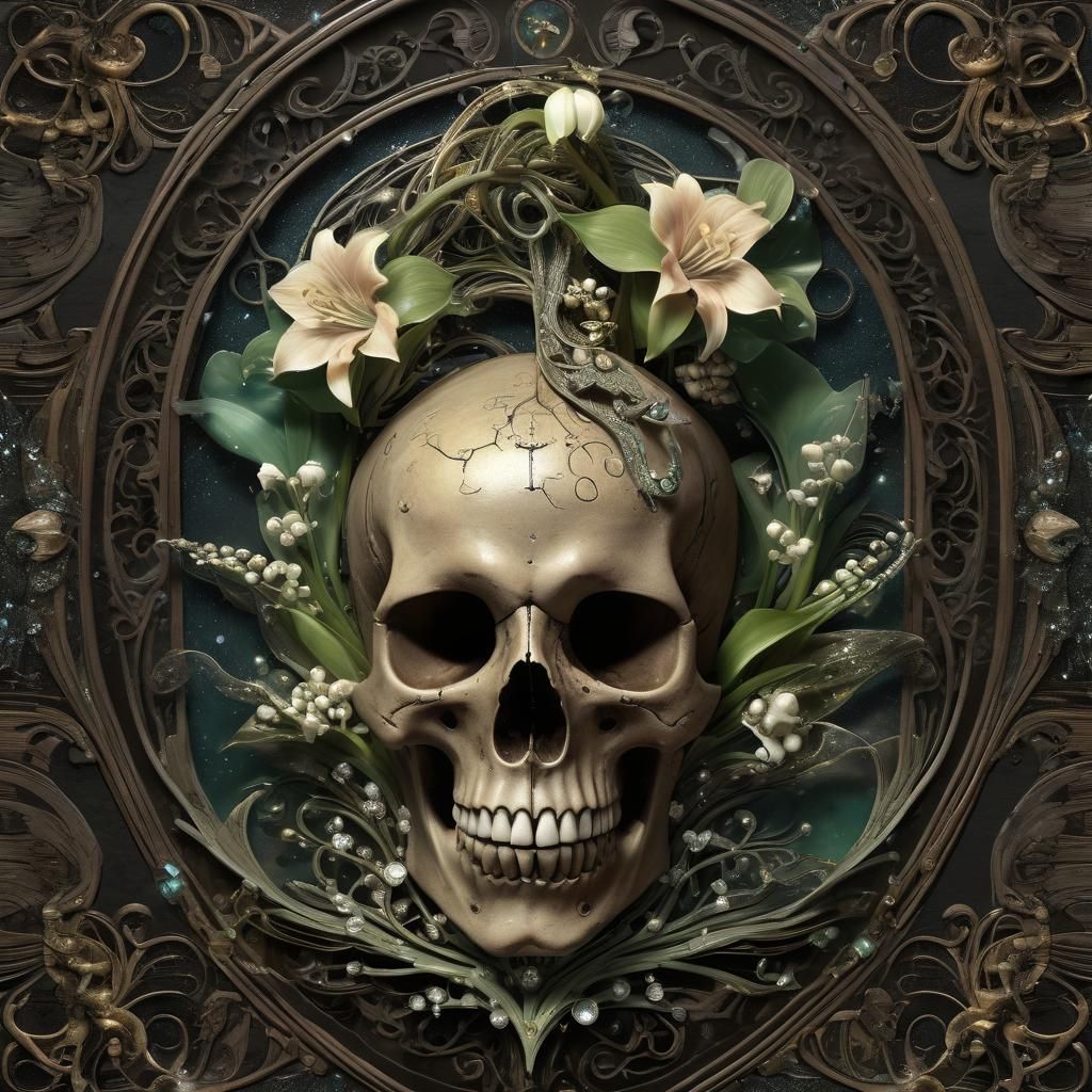 Vintage Art Nouveau Skull with Lily of the Valley