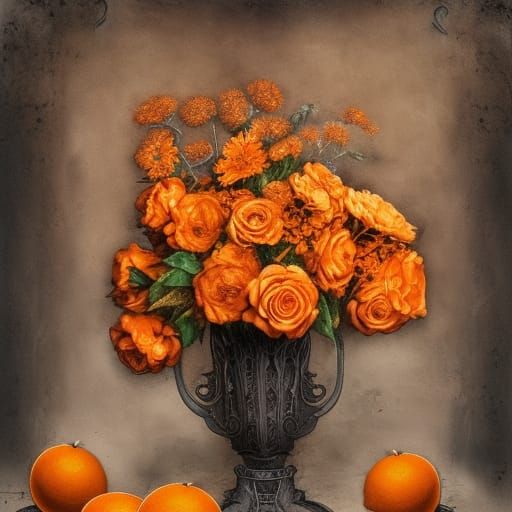 Steampunk Room with Orange Flowers Watercolor Painting