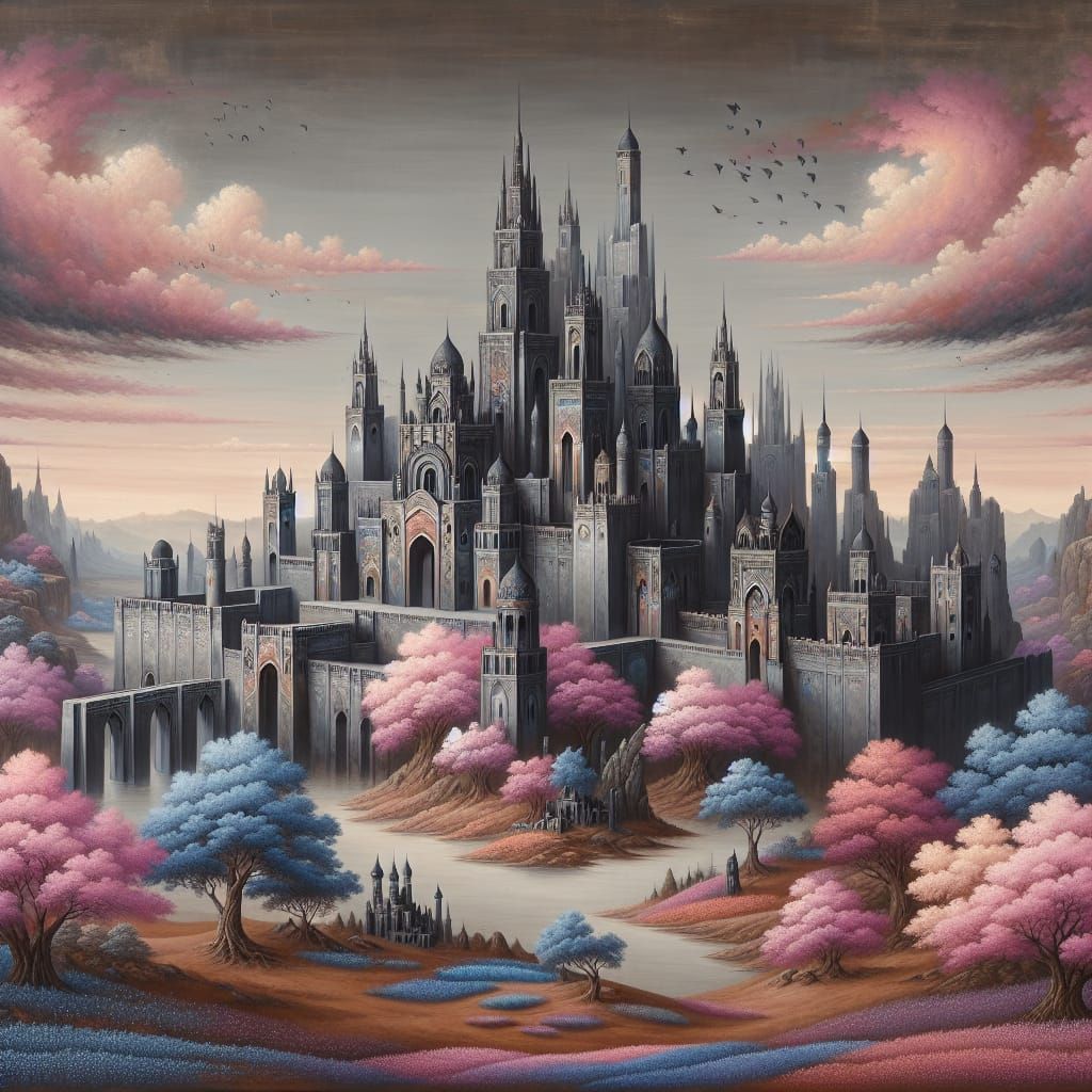 Enchanted Castle Amidst Whimsical Grey and Pink Cherry Bloss...
