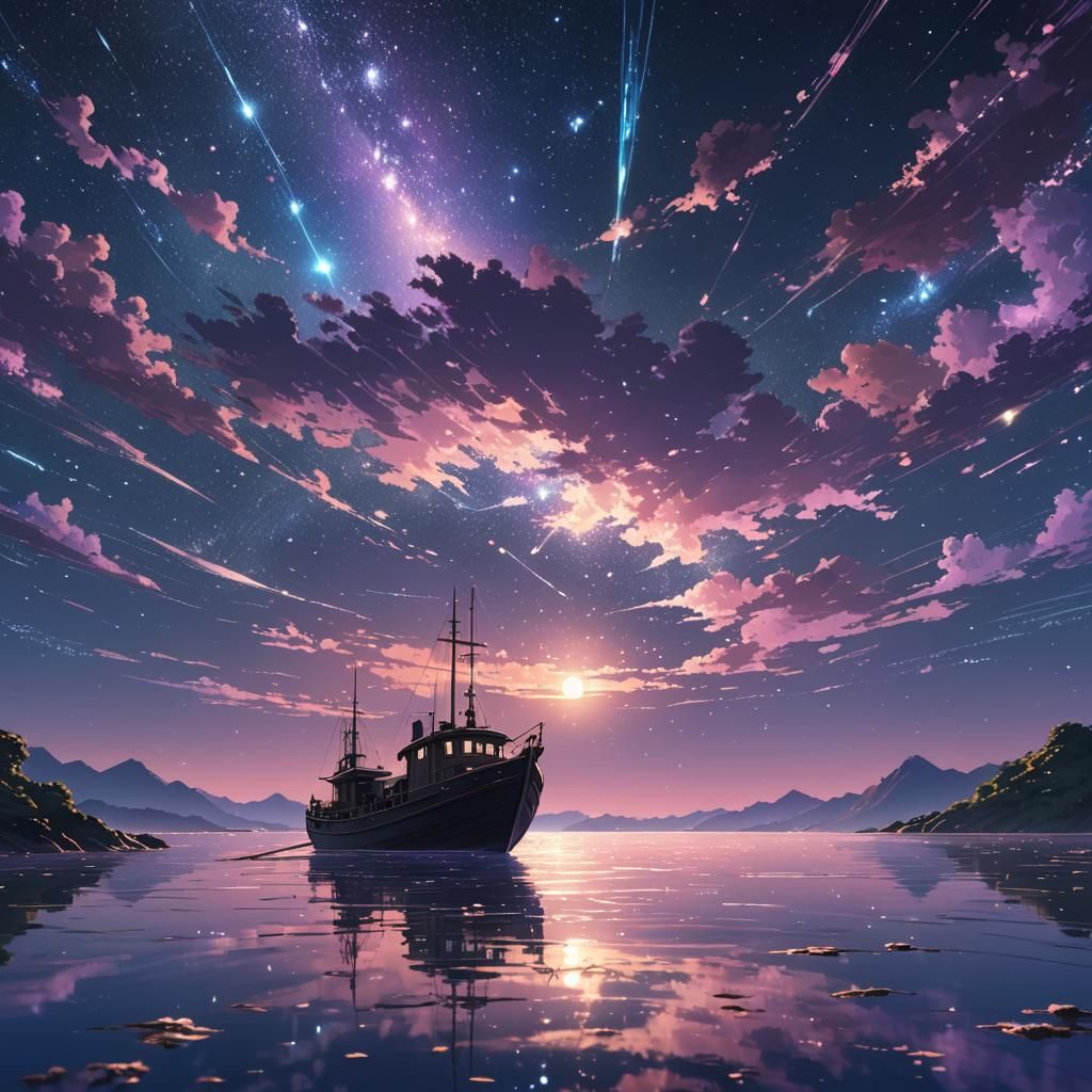 Serene Boat Amidst Sea of Stars: Anime Concept Art
