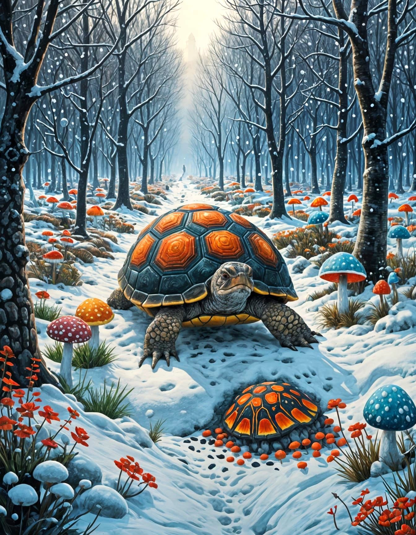 Colorful Mushroom Turtle in Winter Wonderland