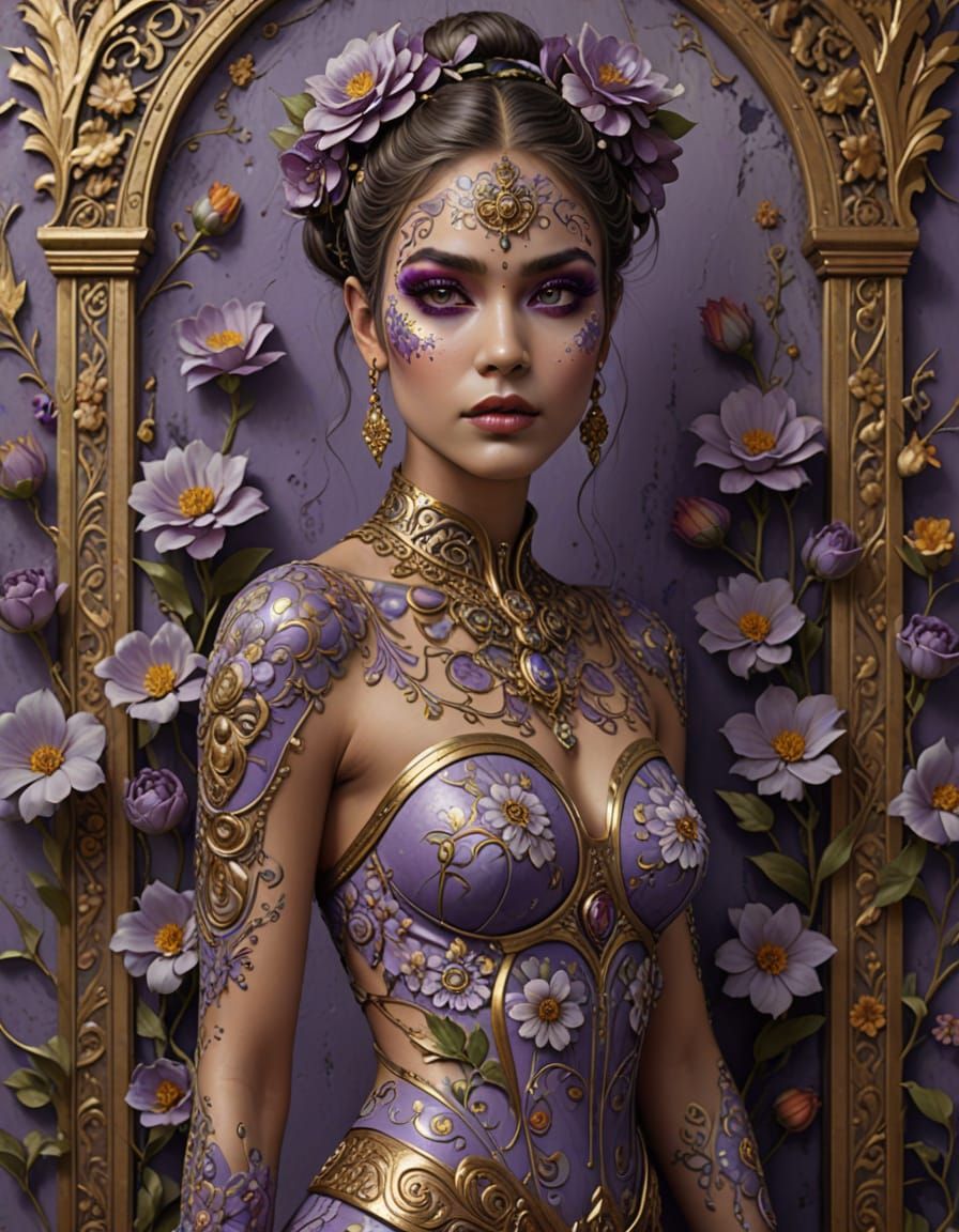 Woman Painted Like Antique Wall with Flowers and Gold