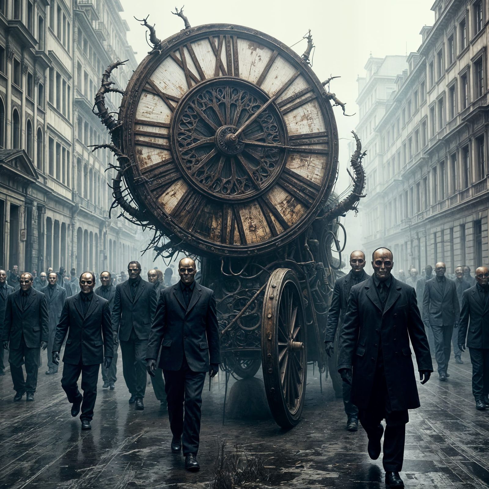 A Clockwork Funeral Marches Through a Foggy Cityscape