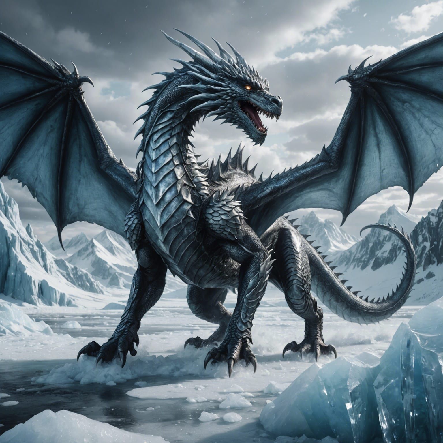 Silver Dragon Unleashes Ice Over Frozen Landscape
