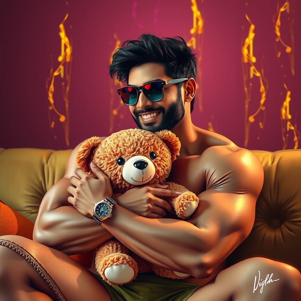 Hyperrealistic Portrait: Muscular Man Hugging Teddy Bear