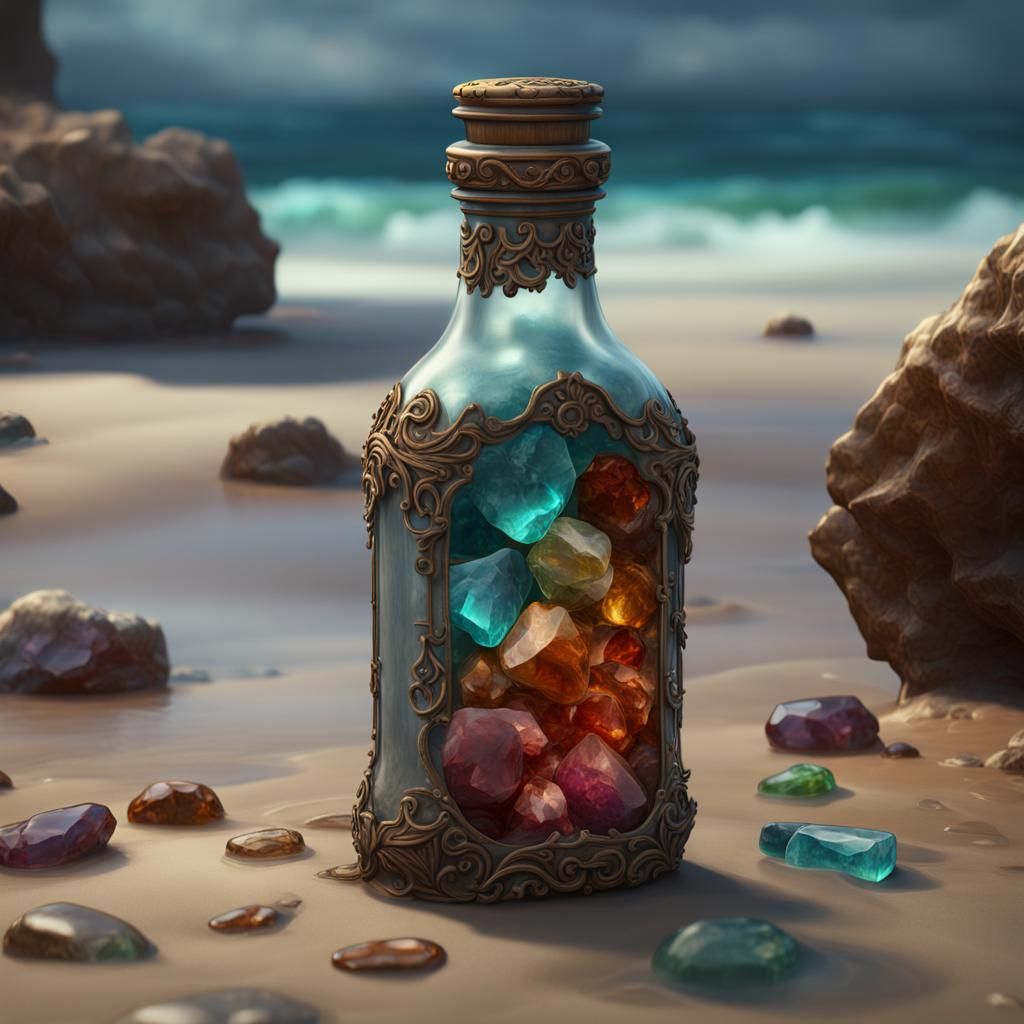 Antique Bottle of Gemstones on the Shore