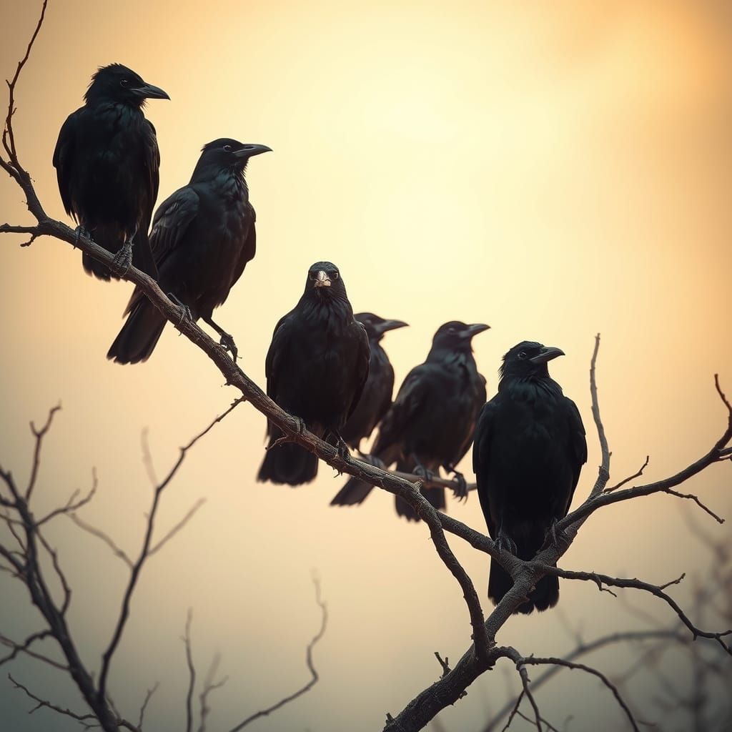 Silent Crows in Golden Light on Gnarled Branches