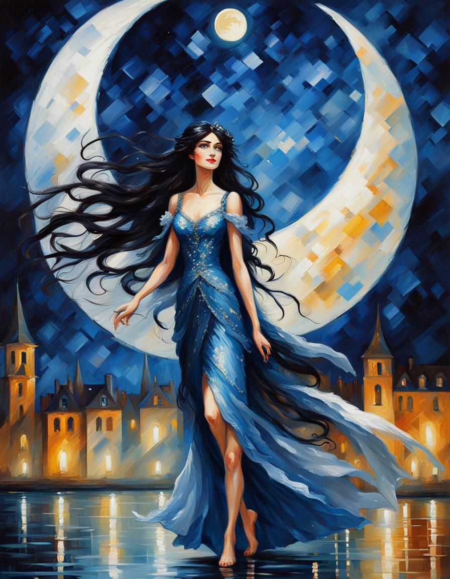 Art Nouveau Moon Fairy with Black Hair