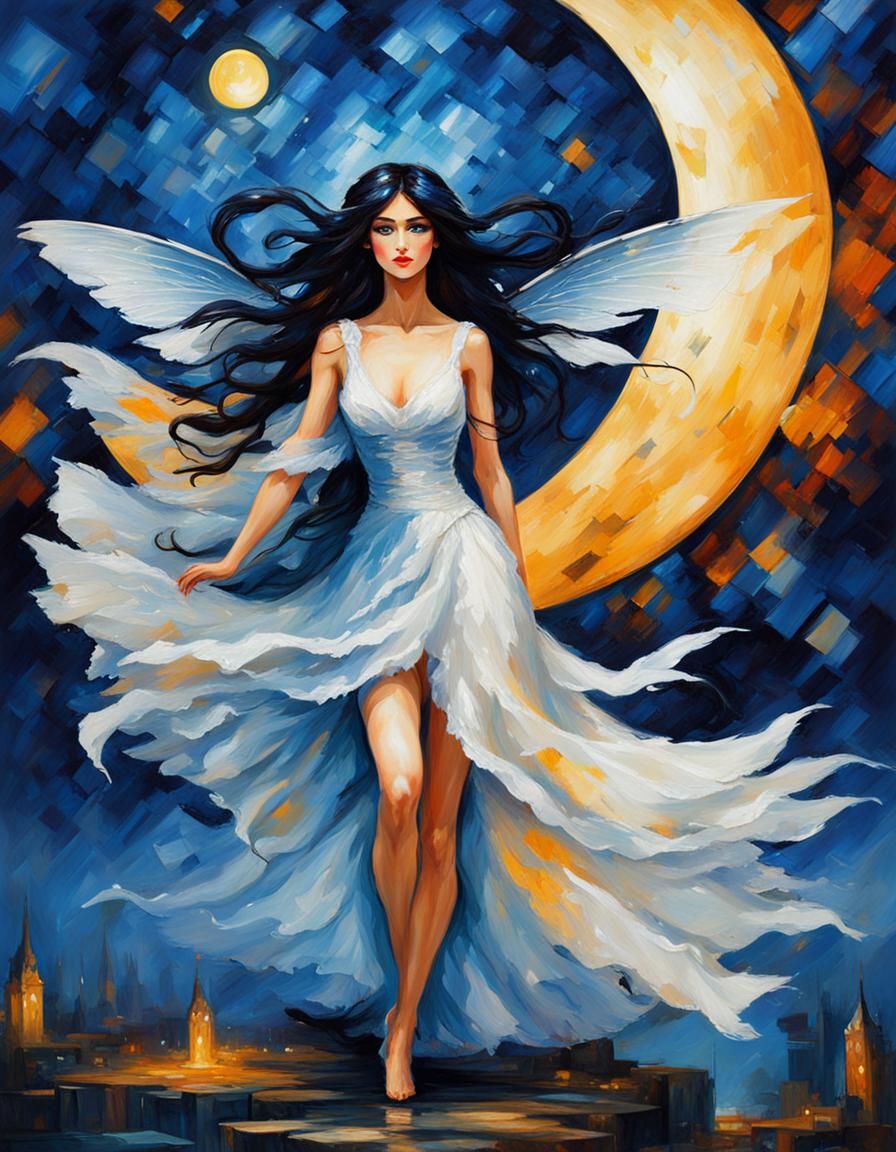 Art Nouveau Moon Fairy with Black Hair