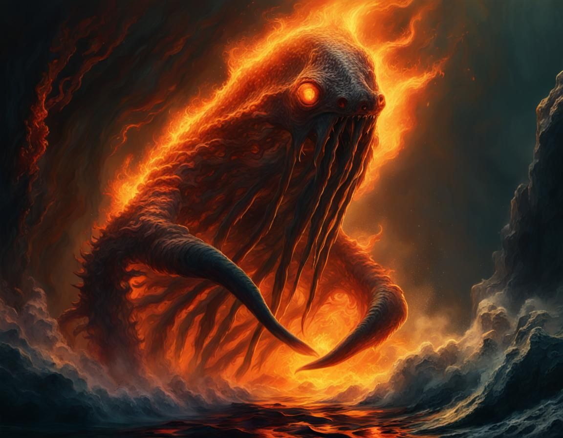 Burning Sea Creature Breaching Leaden Waters
