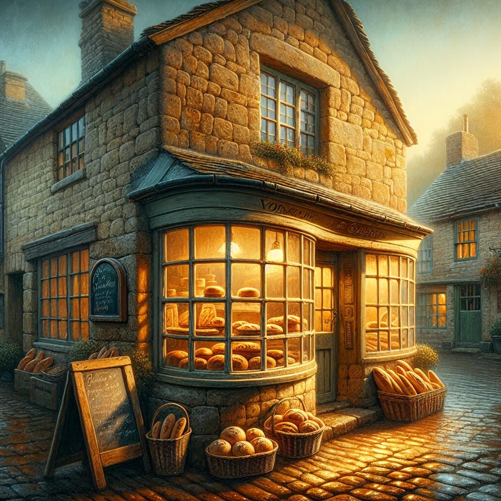 Rustic Bakery at Dawn in Painterly Realism