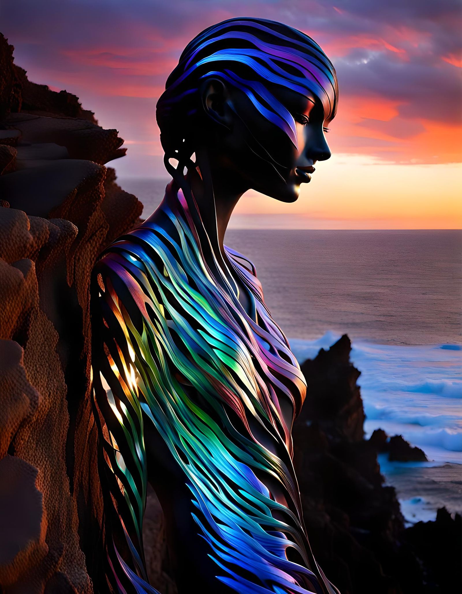 Iridescent Wood Sculptures at Sunset, Dichroic Lighting