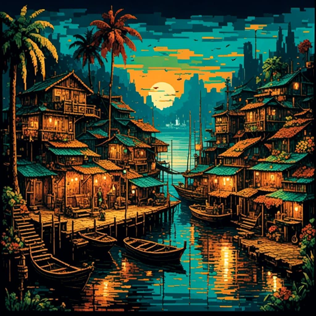 Pixel Art Sunset Over South Pacific Village