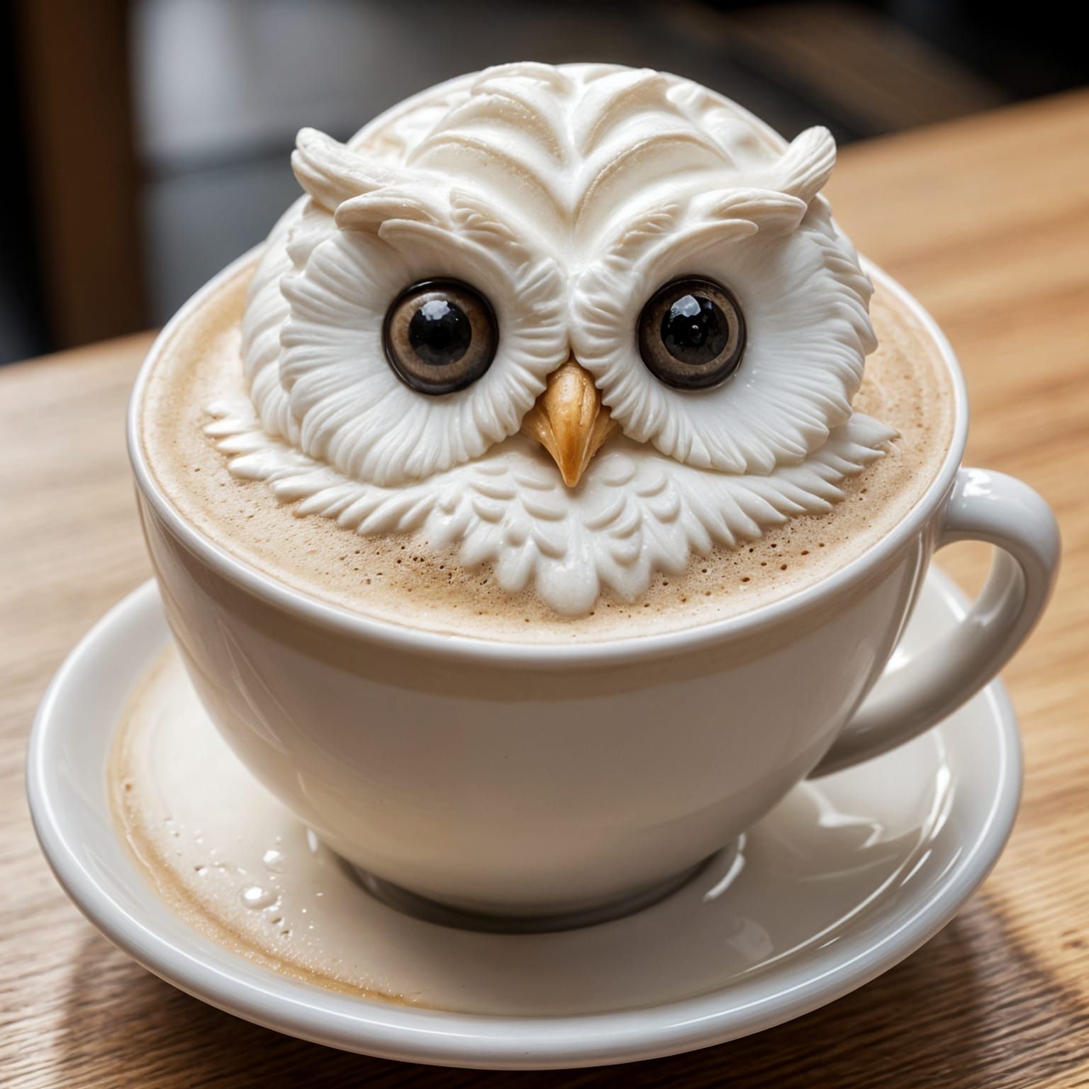 Latte with a Detailed Cute White Owl Made of Milk Foam in Hy...