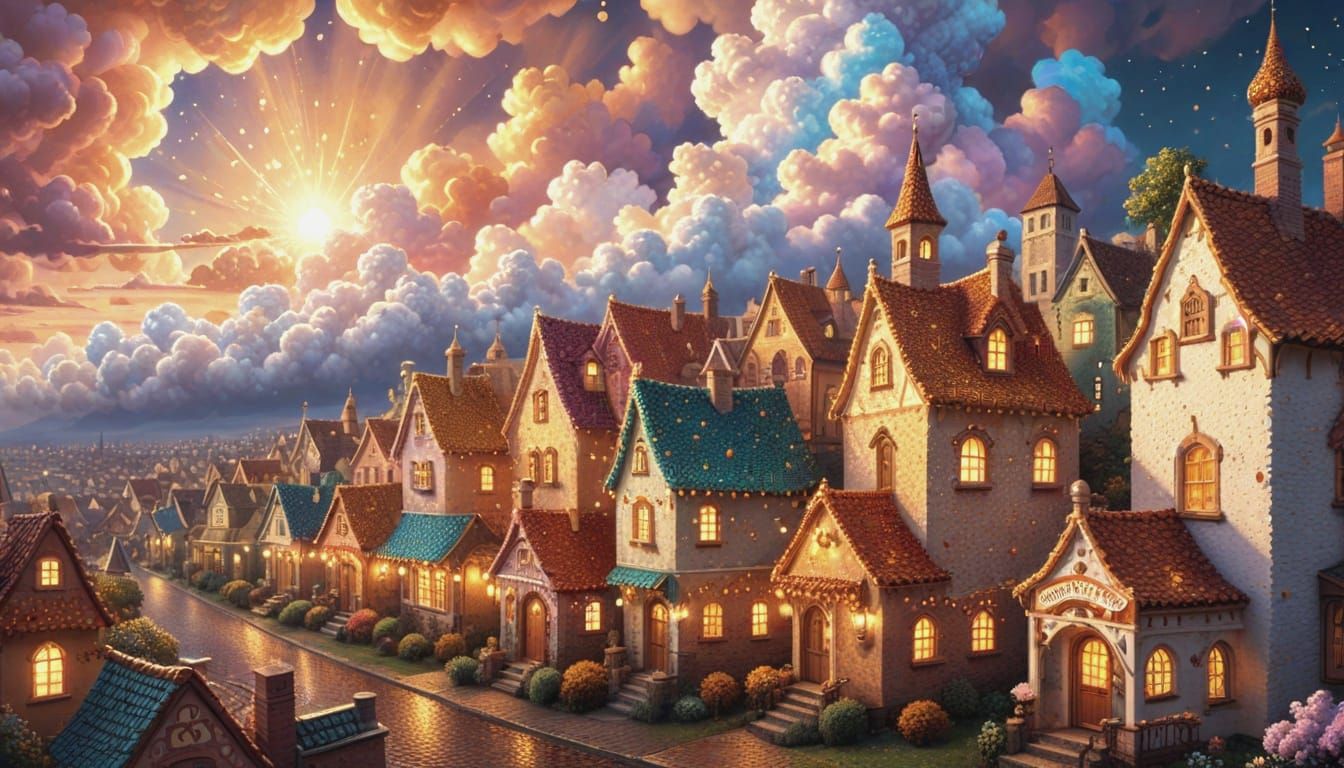 Magical Popcorn Village in Pointillism Style