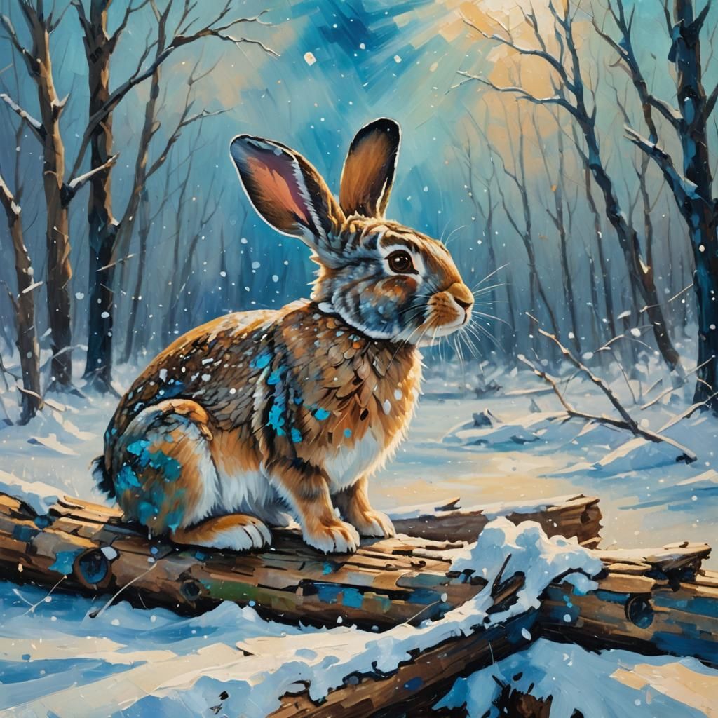Rabbit in Snowstorm: Expressionist Oil Painting