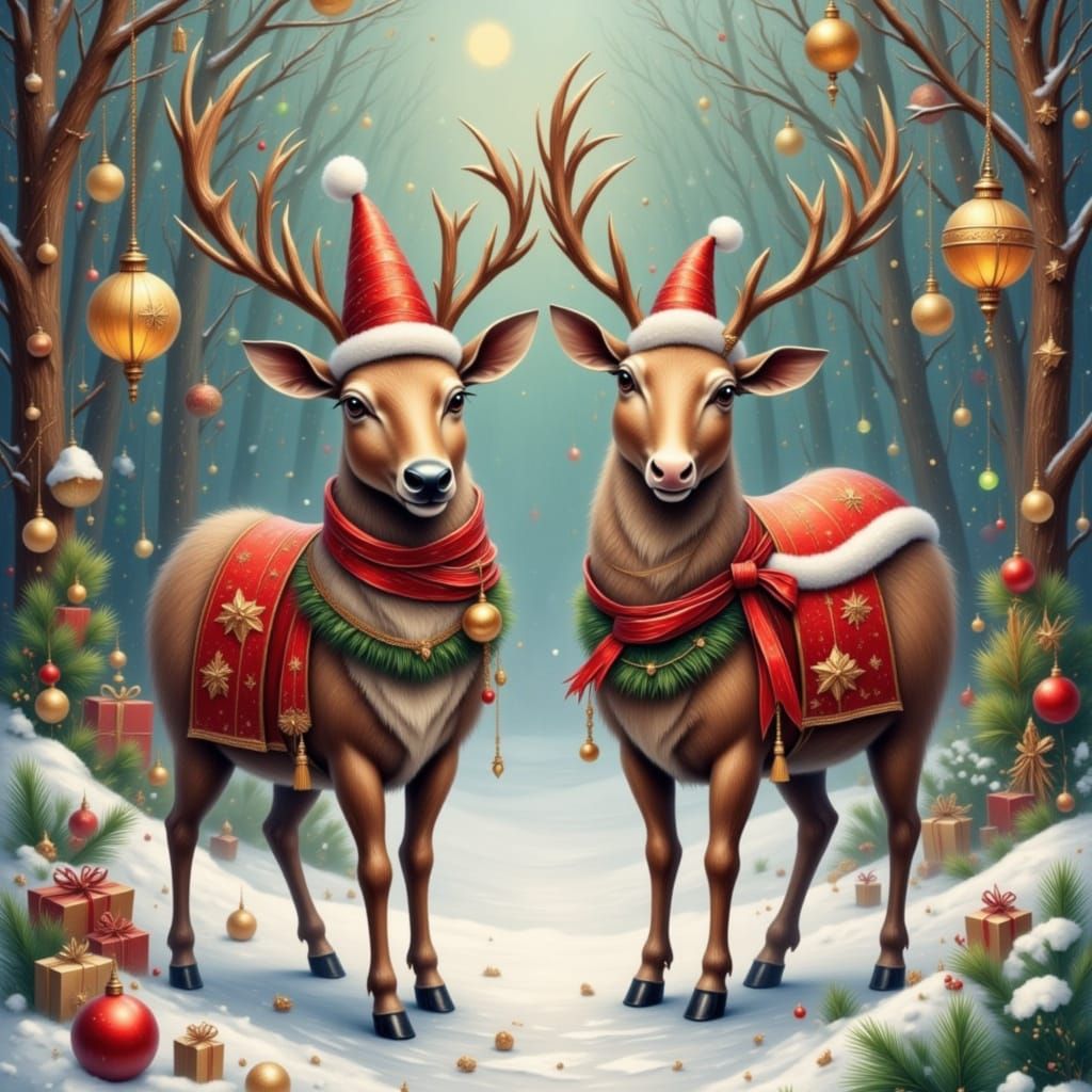 Christmas Reindeer Dressed as Ornaments in Winter Scene