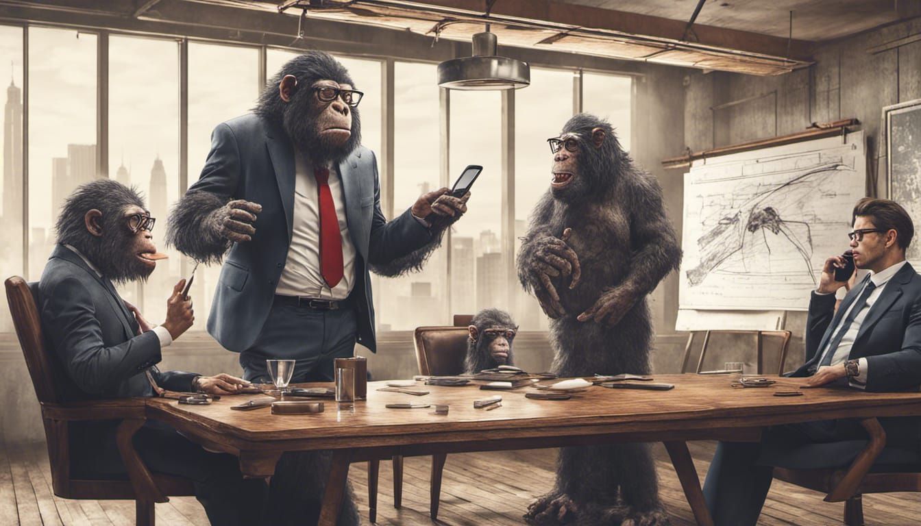 Ape-like Creatures Argue in Rustic Boardroom