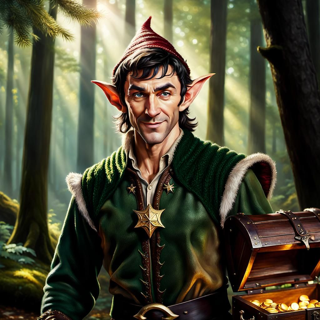 Elf Beside Treasure Chest in Oil Painting