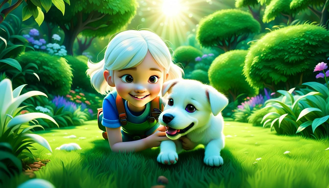 Girl and Puppy in Garden: Pixar-Inspired 3D Art
