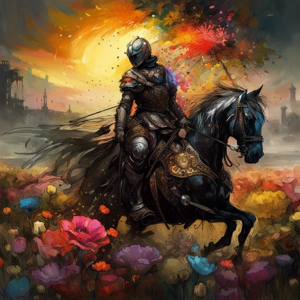 Gothic Knight Rides to Battle in Flower Field