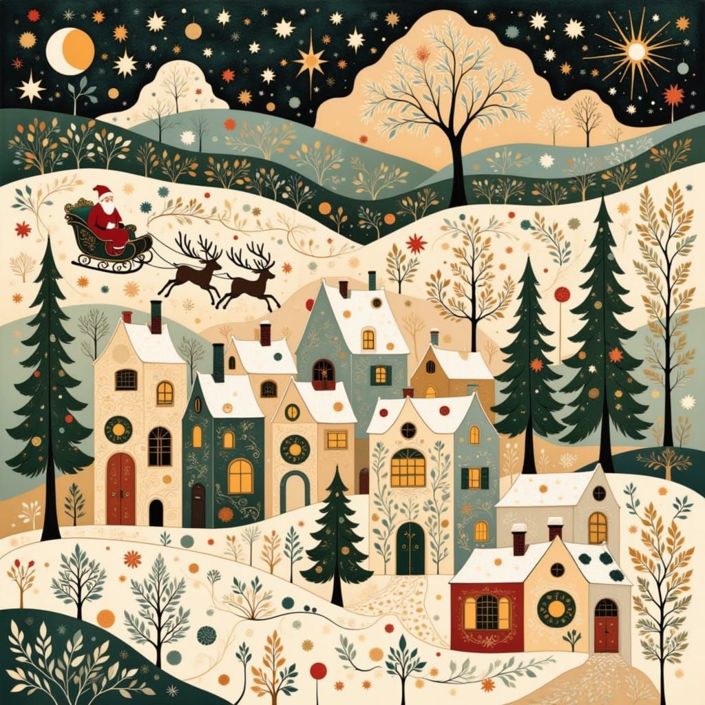 Folk Art Nouveau Christmas Village with Santa