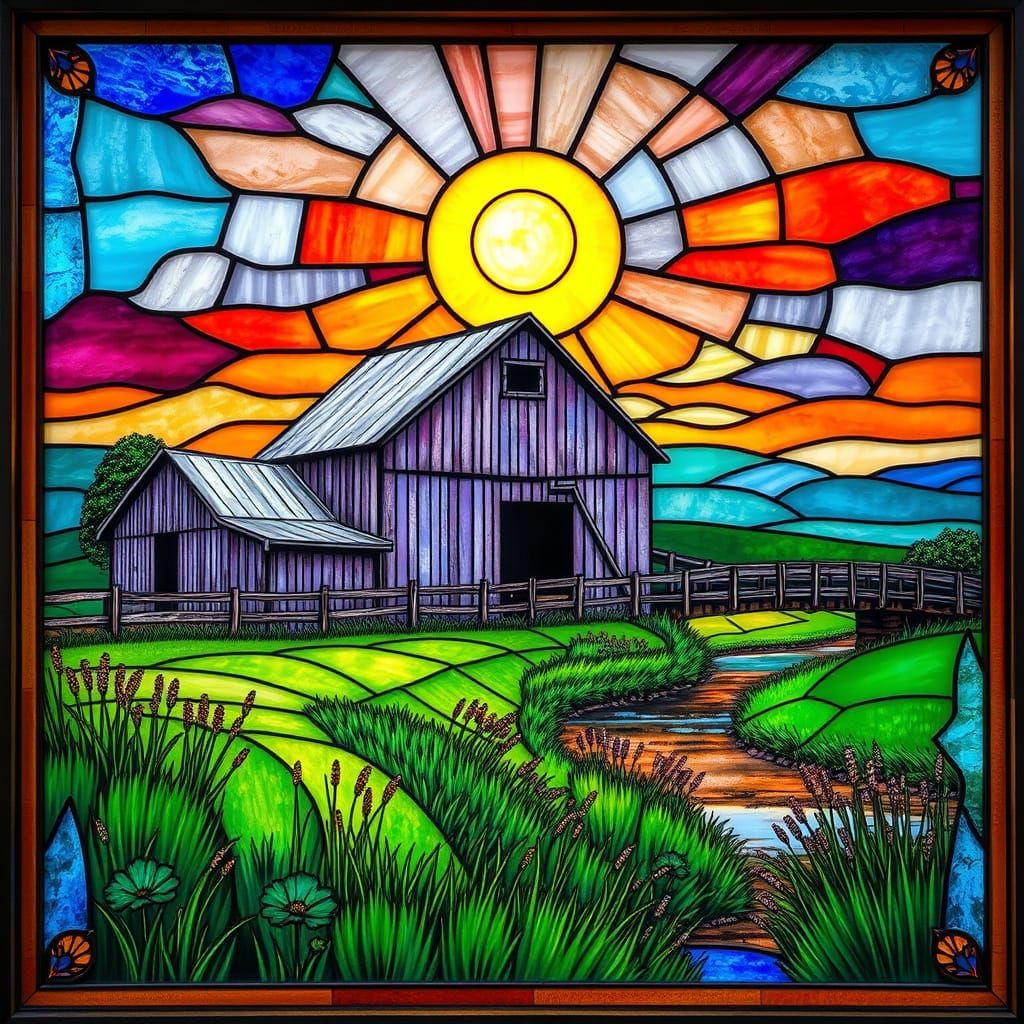 Vibrant Country Scene in Stained Glass Style