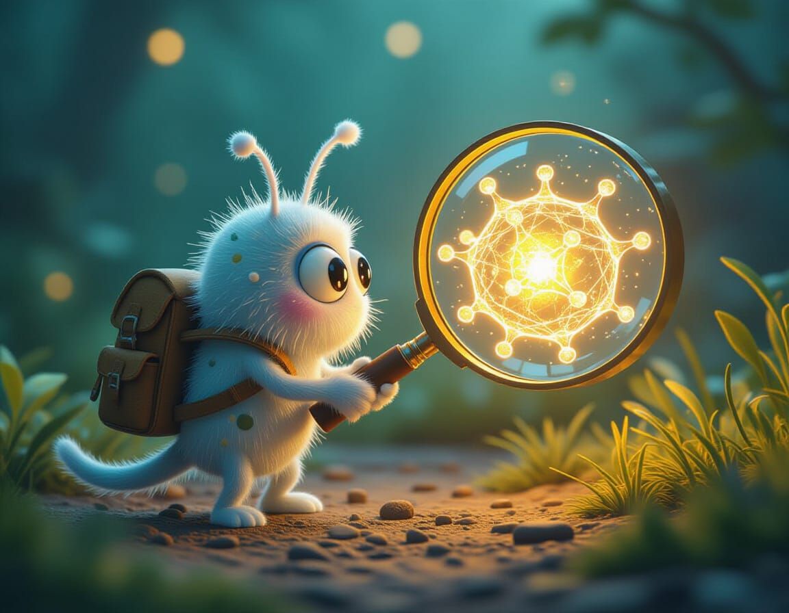 Microbe Explores Glowing Molecule in Storybook Style