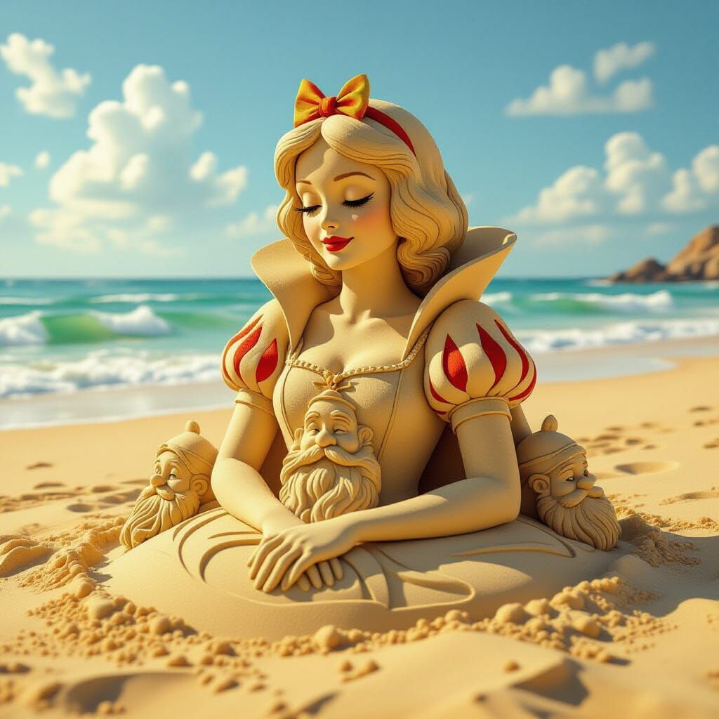 Detailed Sand Sculpture of Snow White on a Beach