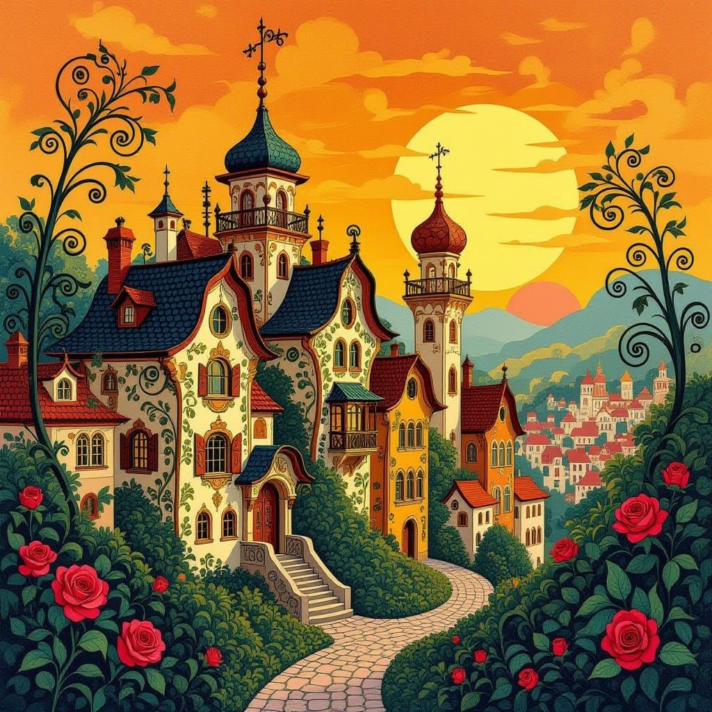 Whimsical Folk Art Nouveau Cityscape at Sunset