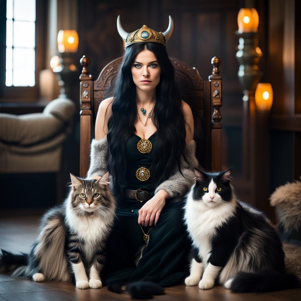 Viking Goddess on Throne with Cats