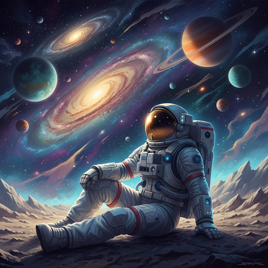 Astronaut Gazes at Cosmic Vista on Moon