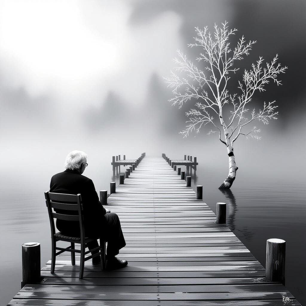 Surreal Minimalist Scene of Elderly Man on Pier