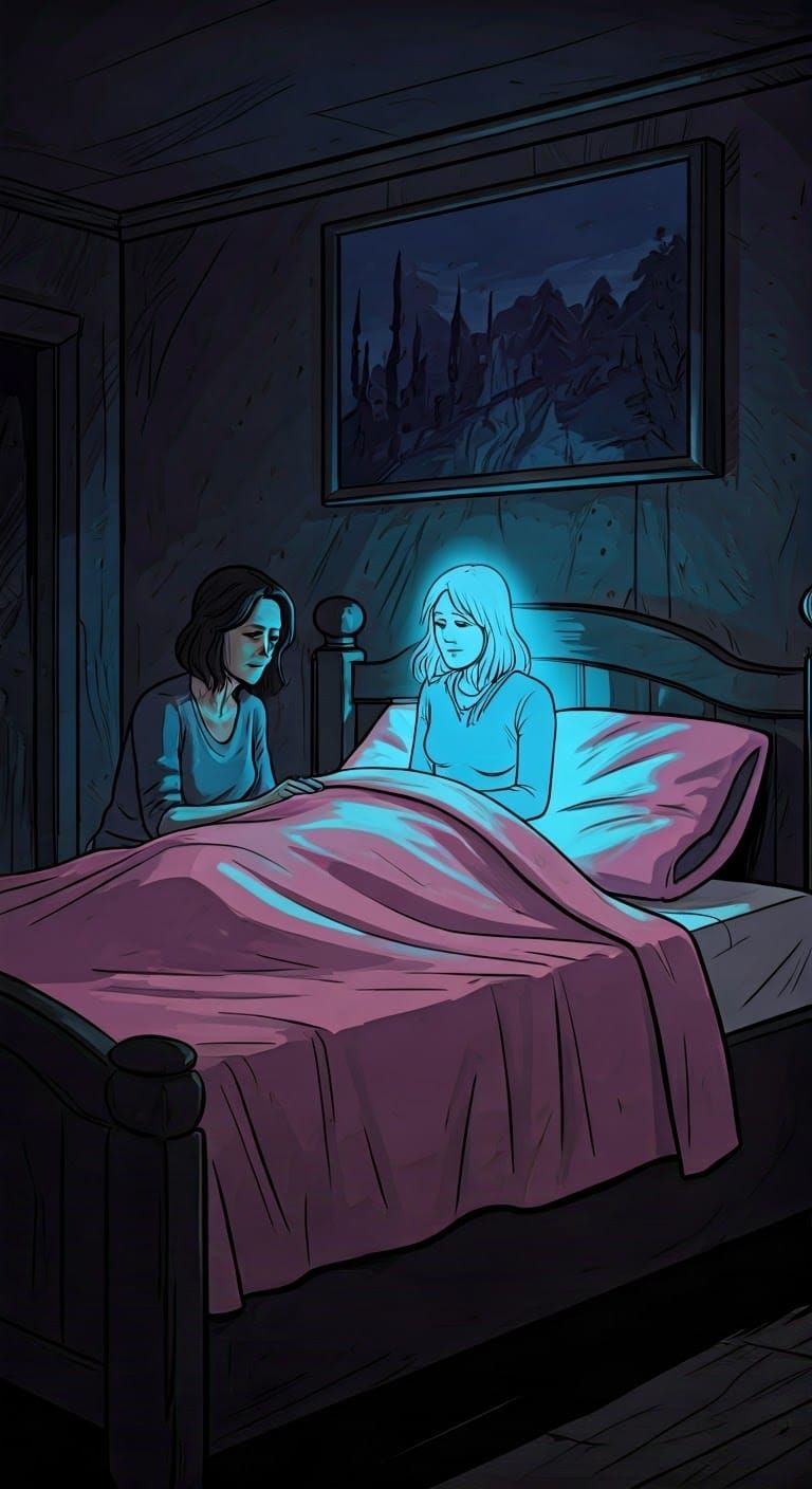 Grieving Mother with Ghost in Cel-Shaded Animation