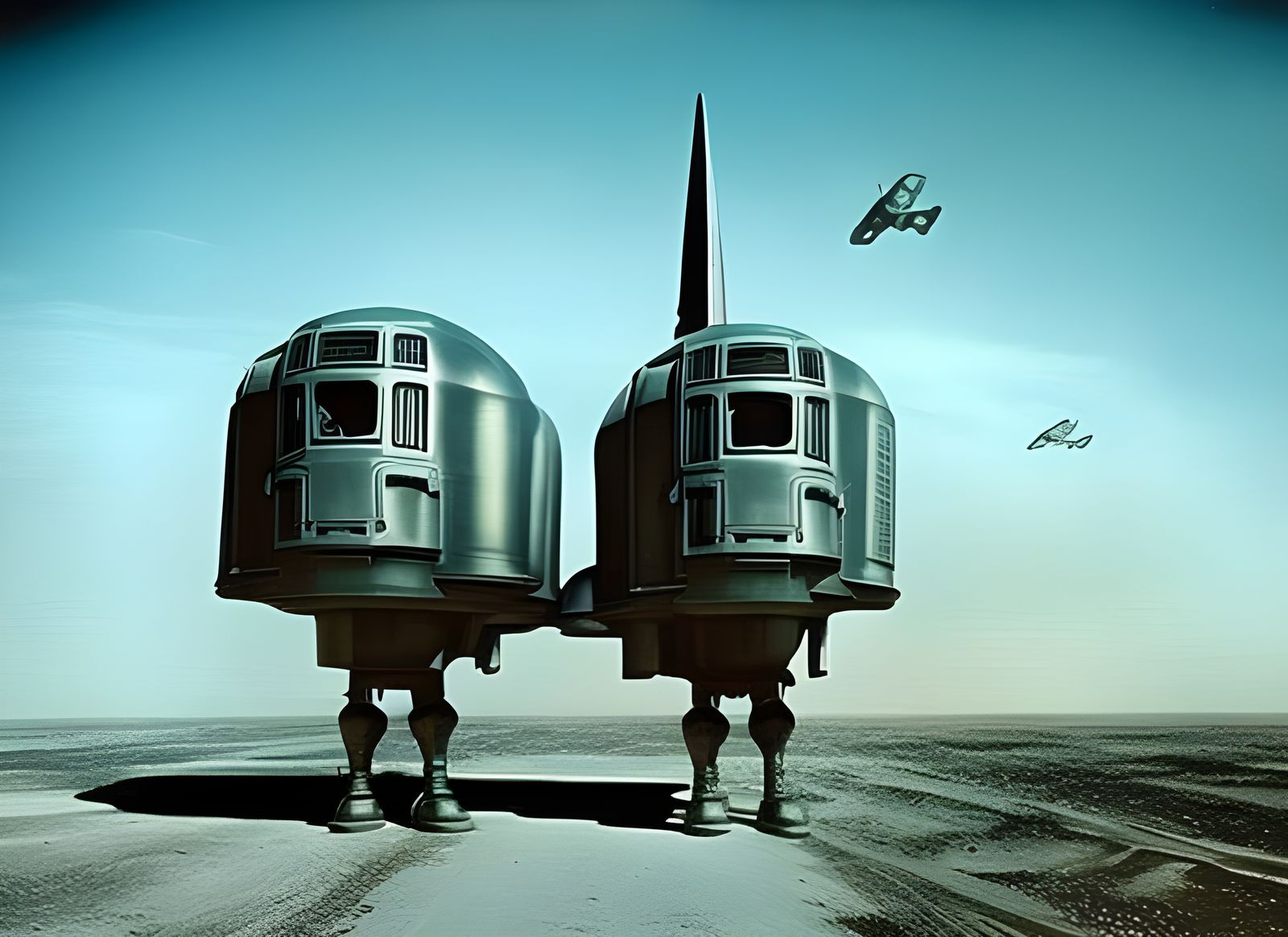 Androids Piloting Spaceship in Cyberpunk Retrofuturism