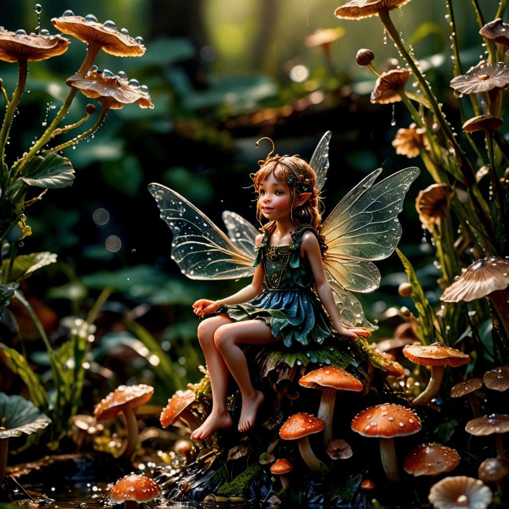 Macro Photograph of a Tiny Fairy on Mushroom