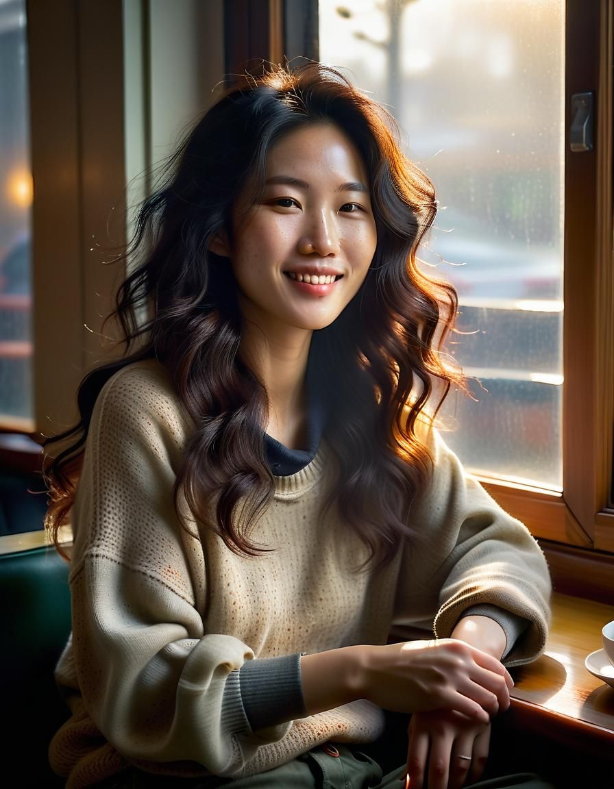 Korean Woman in Misty Cafe: Baroque Oil Portrait