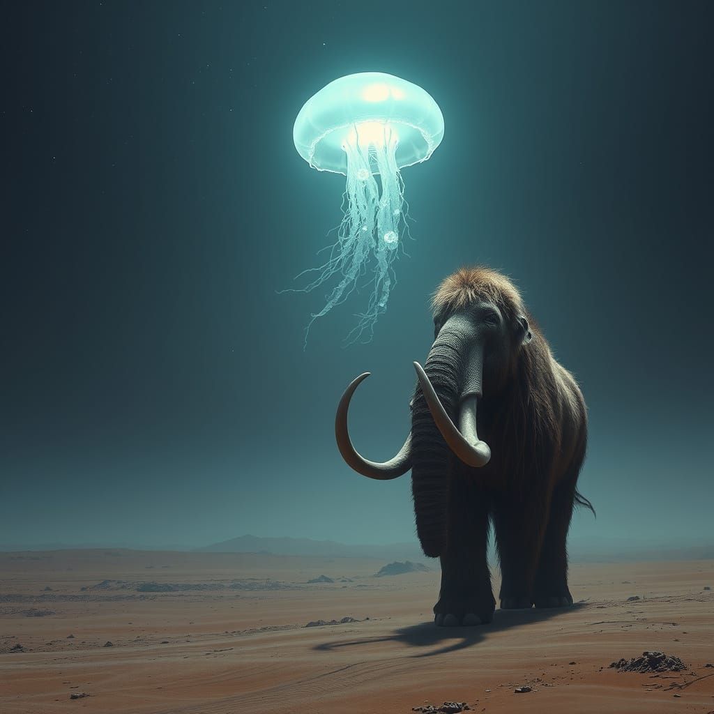 Mammoth Gazes at Bioluminescent Jellyfish in Alien Sky