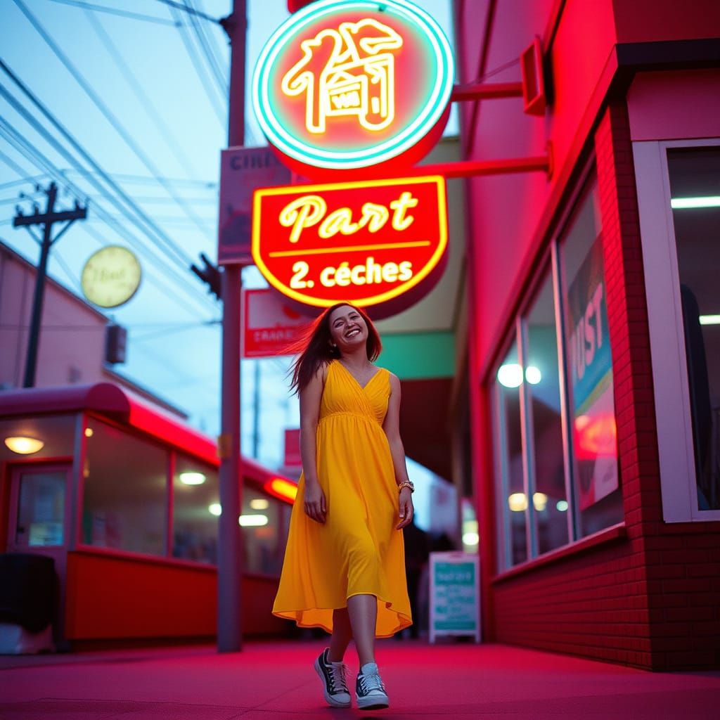 Young Woman Laughing Under Neon Sign in Candid Street Photog...