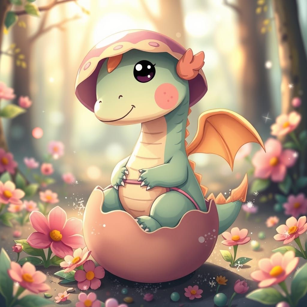 Kawaii Baby Dragon Hatching in Magical Forest