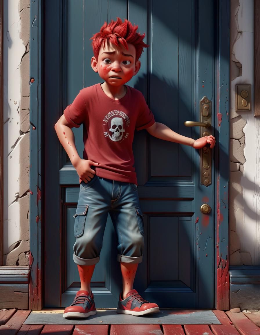 Humorous Caricature: Boy's Urgent Bathroom Wait