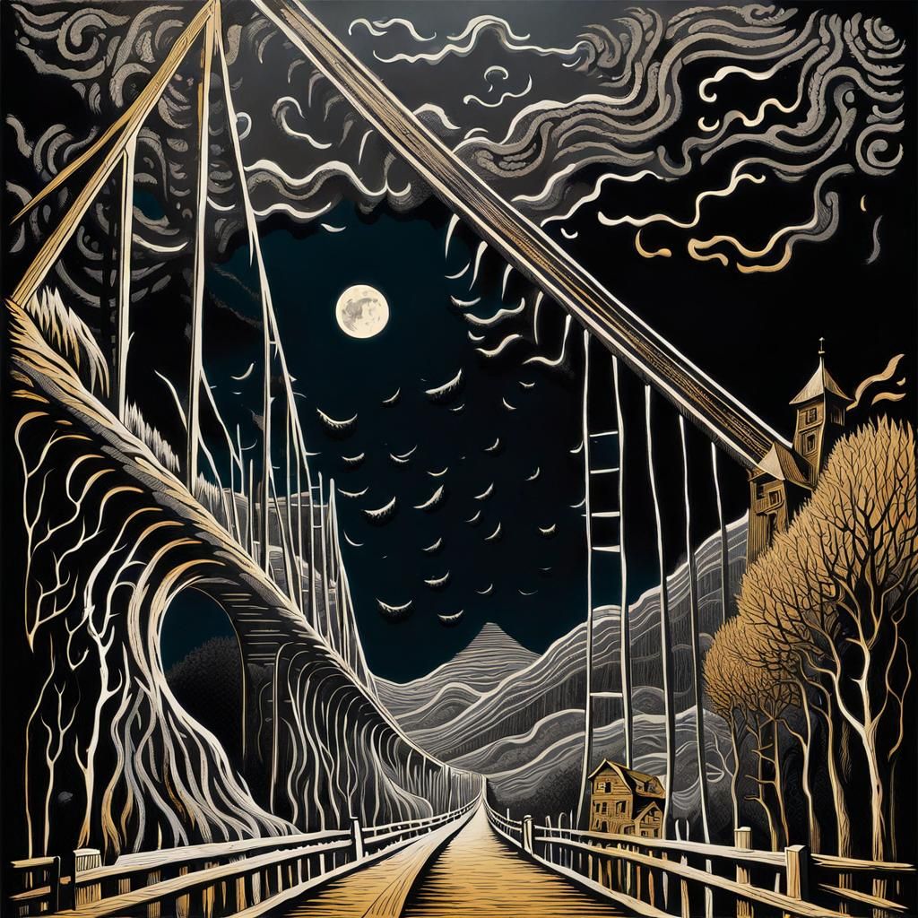 Creepy Suspension Bridge Woodcut Print in Decaying Town
