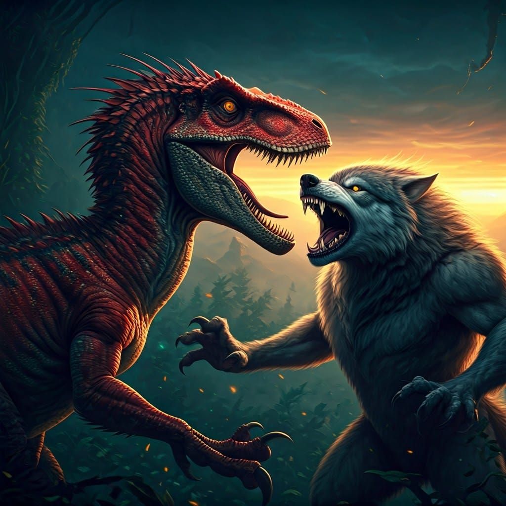 Red Velociraptor vs Grey Werewolf: Epic Forest Battle