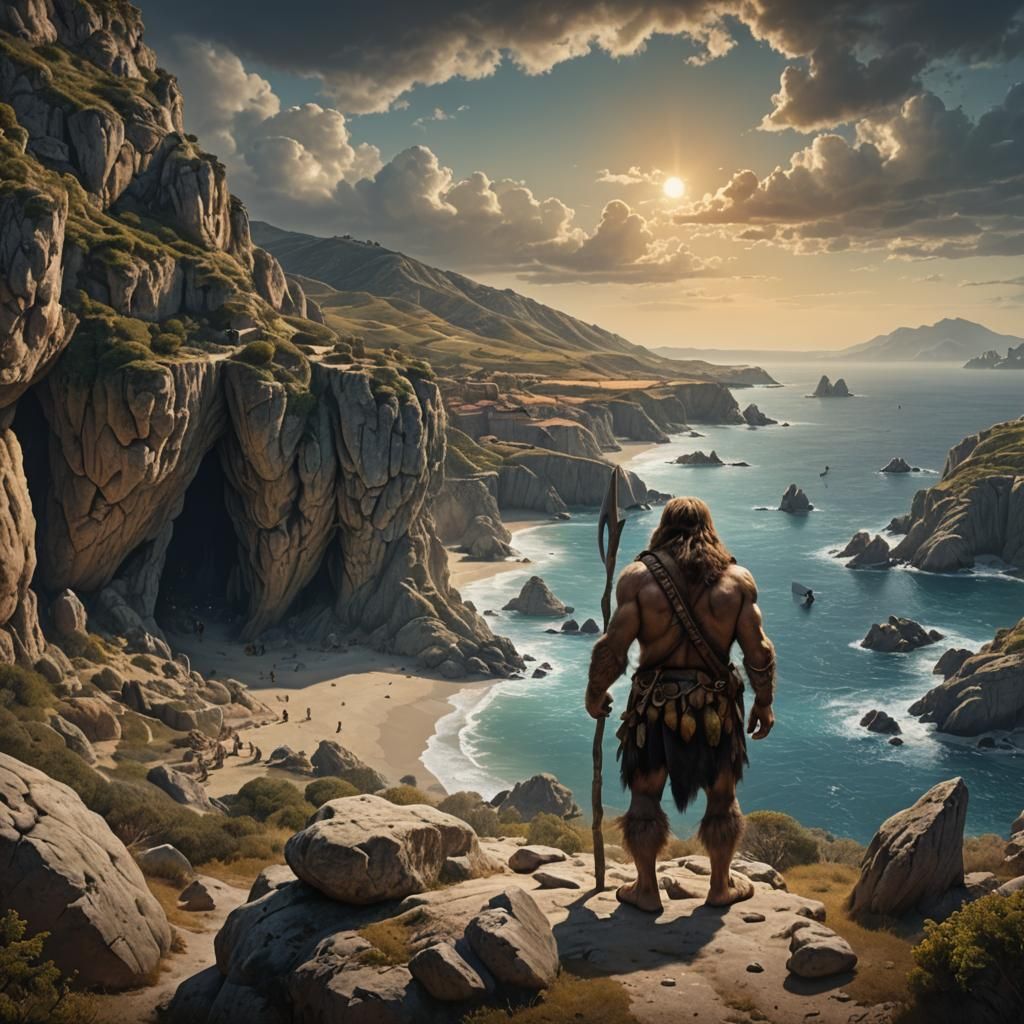 Neanderthal Overlooking Prehistoric Spanish Coastline