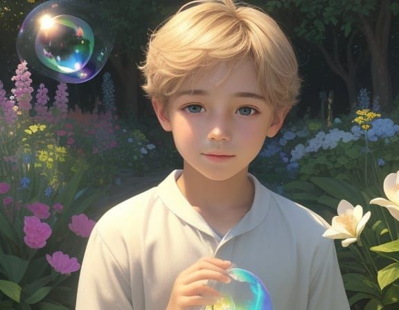 Magical Garden Boy Cleaning With Iridescent Bubbles