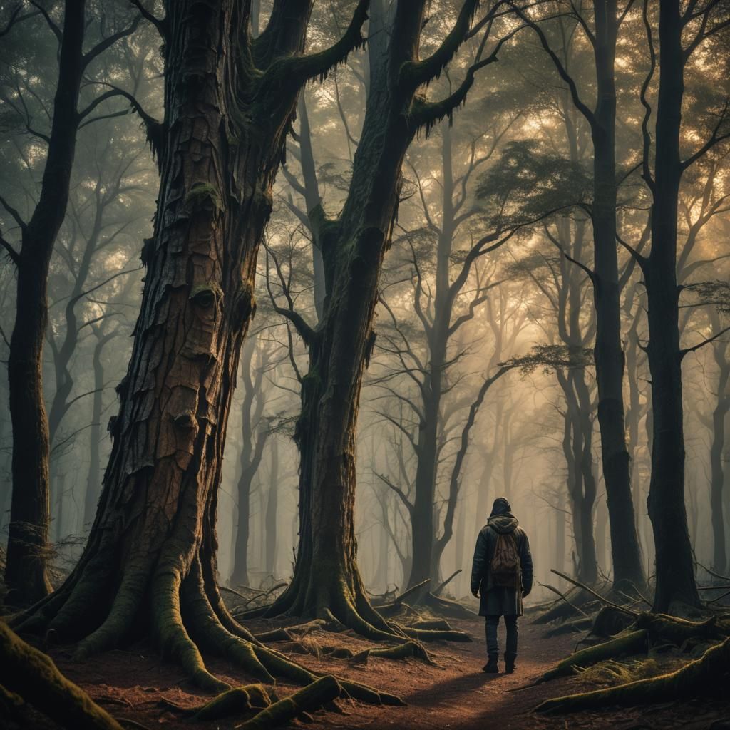 Mysterious Figure in Dimly Lit Atmospheric Forest
