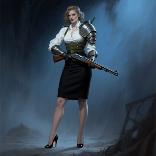 Woman in Skirt, Body Armor, and Shotgun